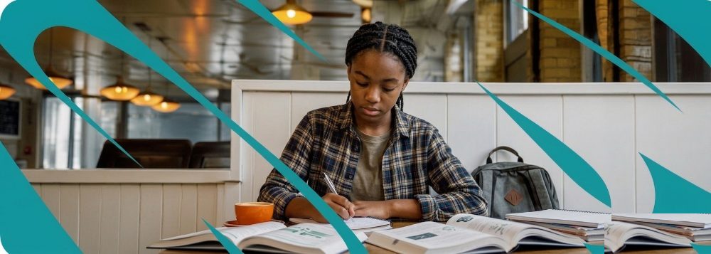 Cameroonian student studying with her books